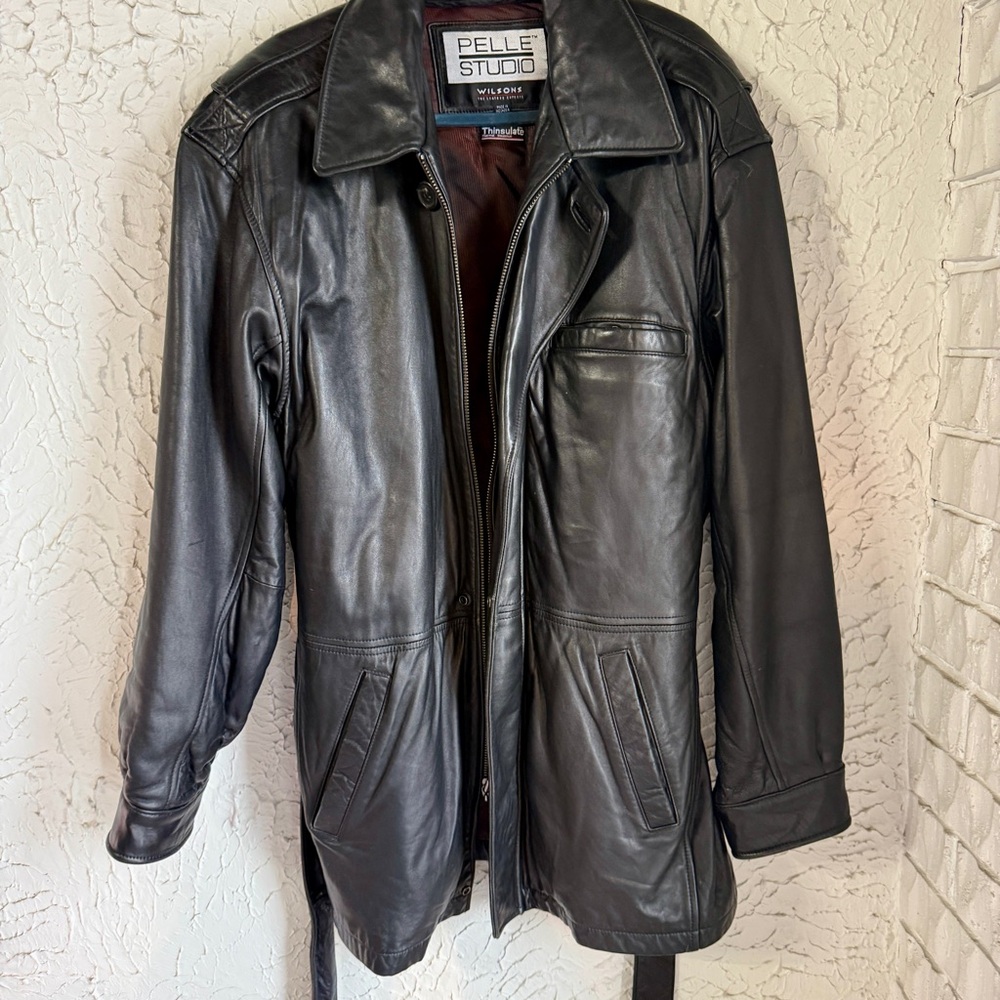 Pelle Studio Men's Black Leather Trench Coat with Thinsulate removable lining